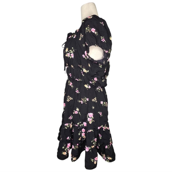 Arula Black Floral Puff Sleeve Tiered Mini Dress Size X Plus Size - Picture 3 of 7